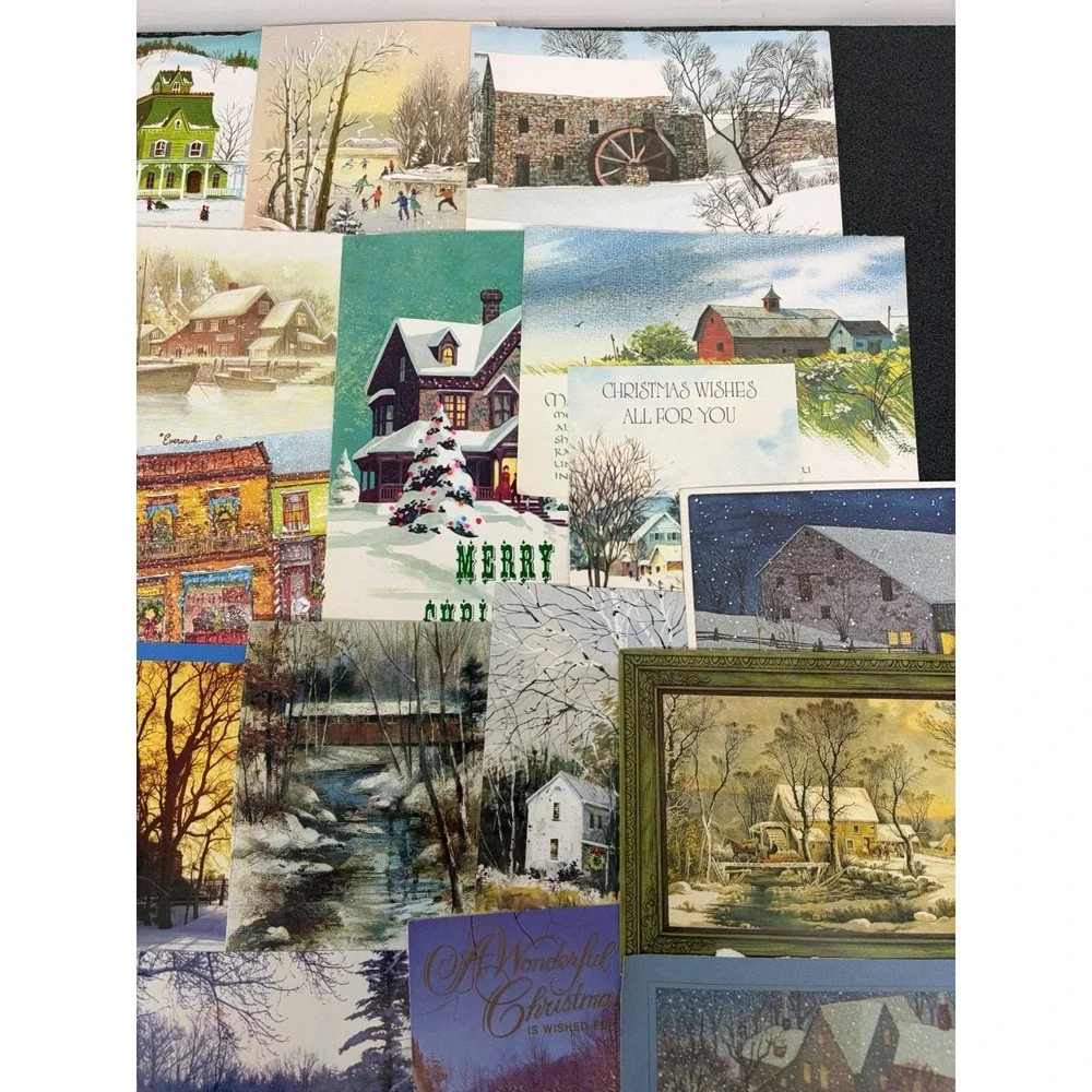 Vintage Christmas Cards Fronts ONLY Houses Barns Bridges Scrapbooking Crafts 50+